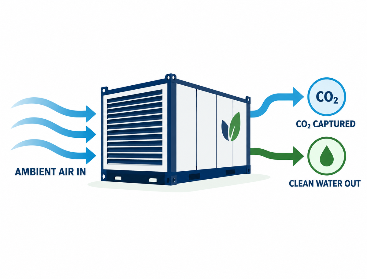 Diagram: ambient air enters the capture unit, and it outputs captured CO₂ and clean water